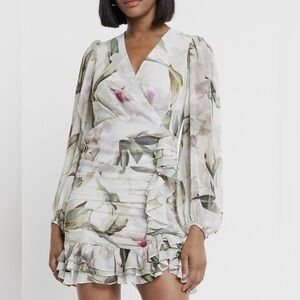 Express Pink and Green Bodycon Wrap Dress with Bishop Sleeves